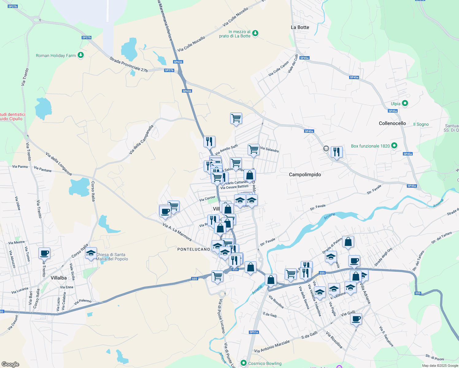 map of restaurants, bars, coffee shops, grocery stores, and more near 32 Via Carlo Cattaneo in Villanova