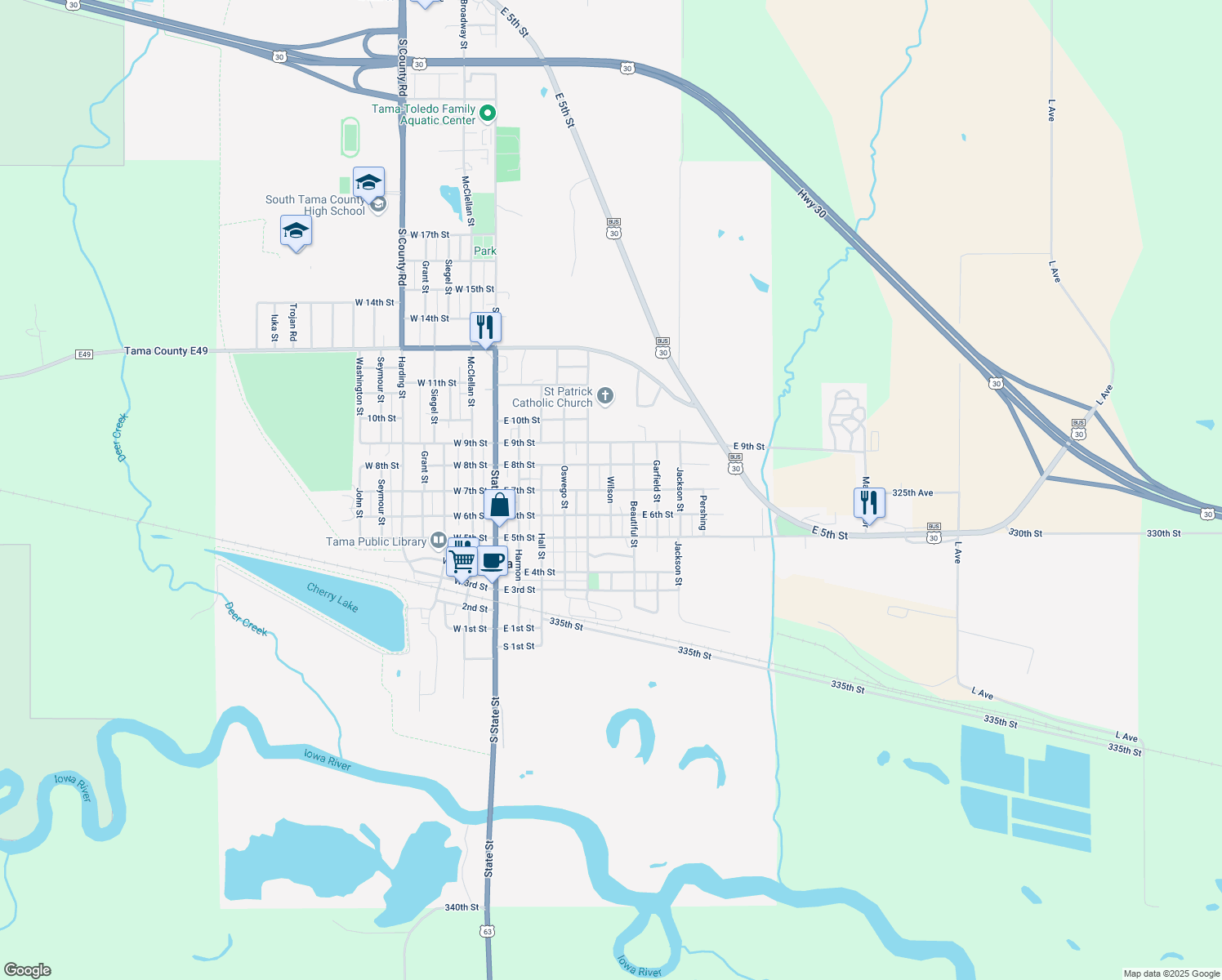 map of restaurants, bars, coffee shops, grocery stores, and more near 599 E 7th St in Tama