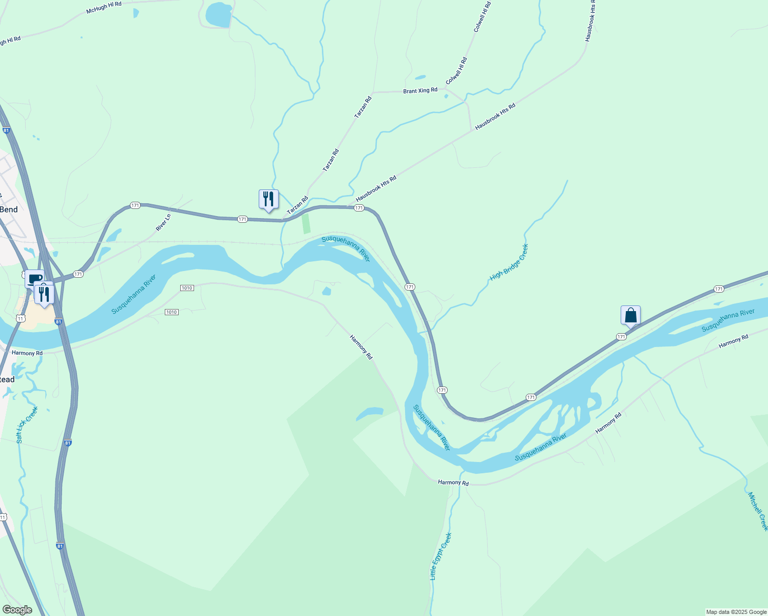map of restaurants, bars, coffee shops, grocery stores, and more near Highway 171 in Susquehanna