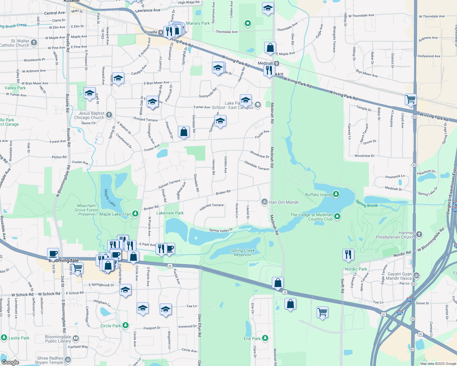 map of restaurants, bars, coffee shops, grocery stores, and more near 22W251 Sunset Terrace in Medinah