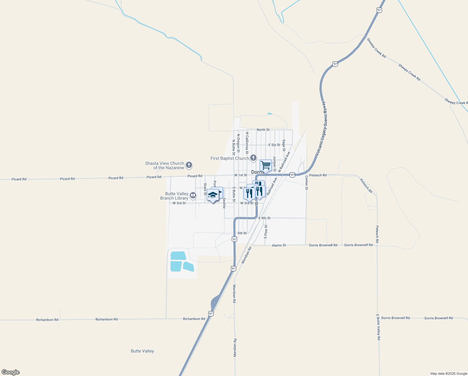 map of restaurants, bars, coffee shops, grocery stores, and more near 200 South Butte Street in Dorris