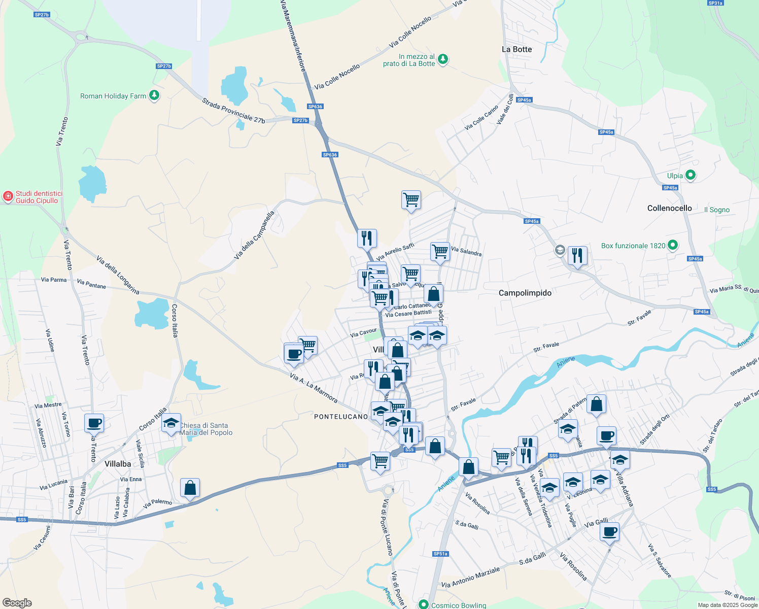 map of restaurants, bars, coffee shops, grocery stores, and more near 269 Via Maremmana Inferiore in Villanova