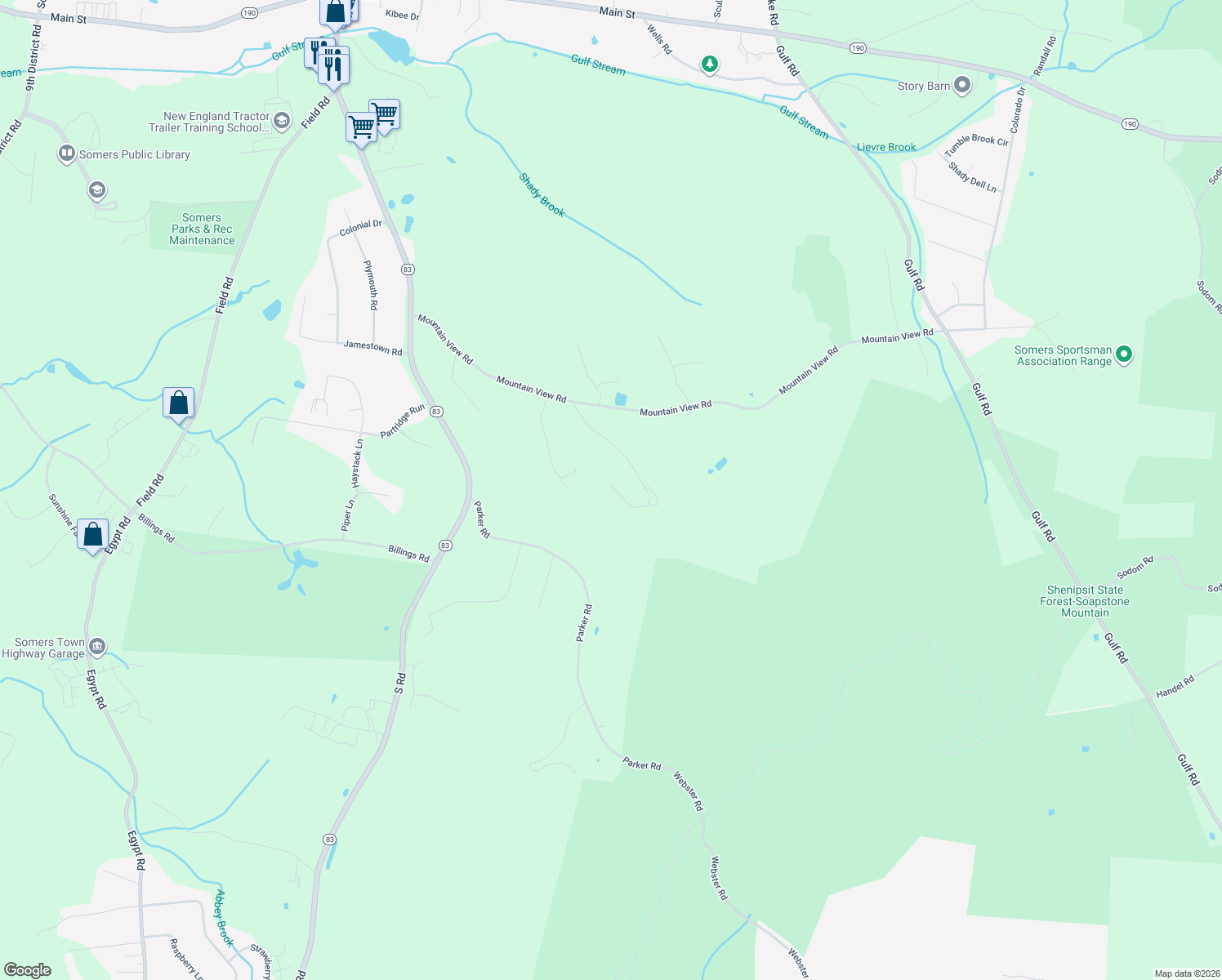map of restaurants, bars, coffee shops, grocery stores, and more near 110 Mountain View Road in Somers