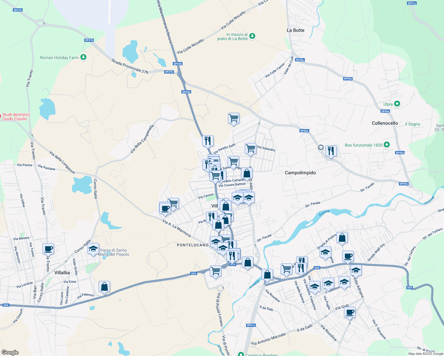 map of restaurants, bars, coffee shops, grocery stores, and more near 269 Via Maremmana Inferiore in Villanova