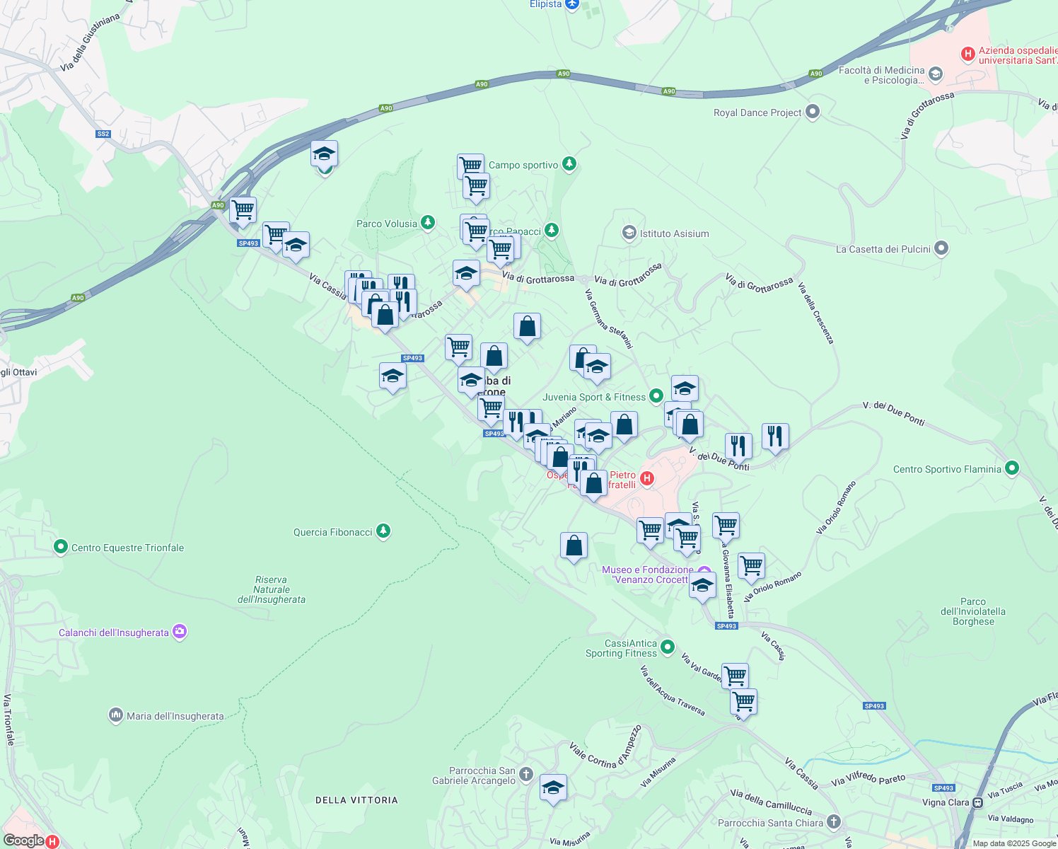 map of restaurants, bars, coffee shops, grocery stores, and more near 33 Via Capena in Roma