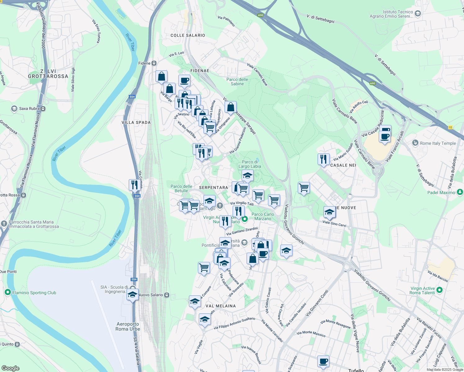 map of restaurants, bars, coffee shops, grocery stores, and more near 9 Via Amerigo Guasti in Roma
