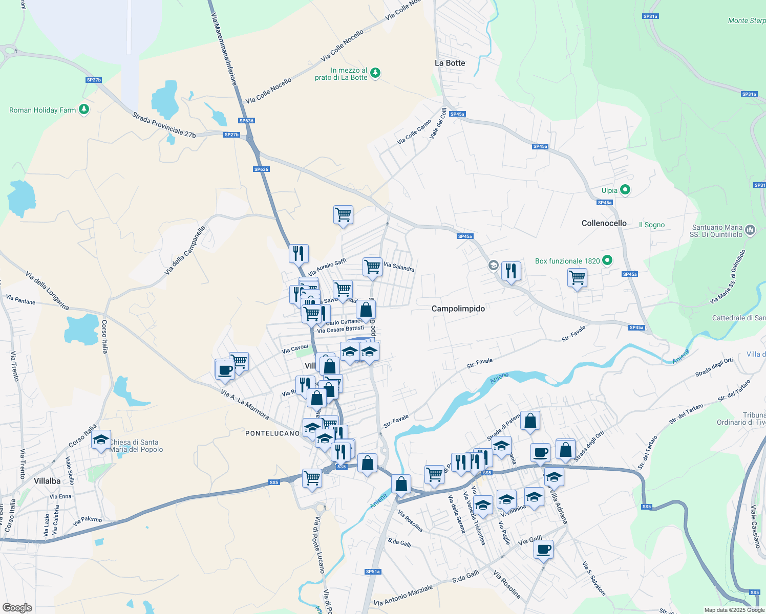 map of restaurants, bars, coffee shops, grocery stores, and more near Via Pietro Micca in Villanova