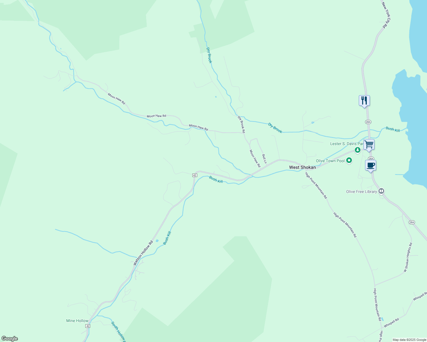 map of restaurants, bars, coffee shops, grocery stores, and more near 288 Watson Hollow Road in West Shokan