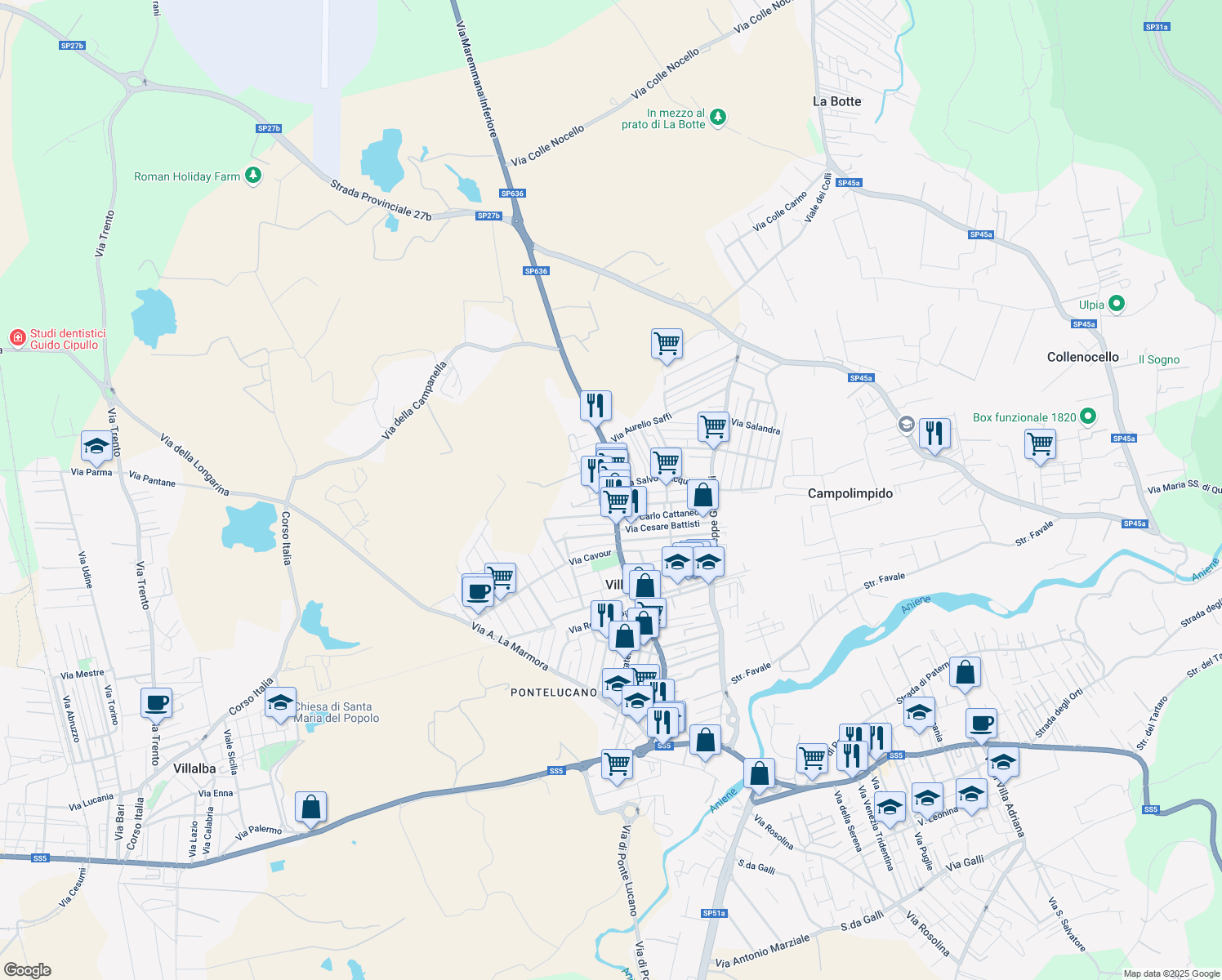 map of restaurants, bars, coffee shops, grocery stores, and more near 299A Via Maremmana Inferiore in Villanova