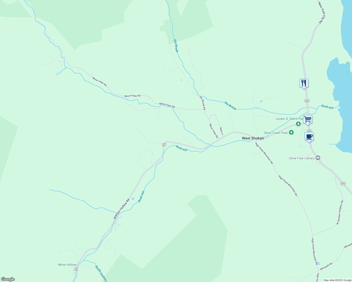 map of restaurants, bars, coffee shops, grocery stores, and more near 288 Watson Hollow Road in West Shokan