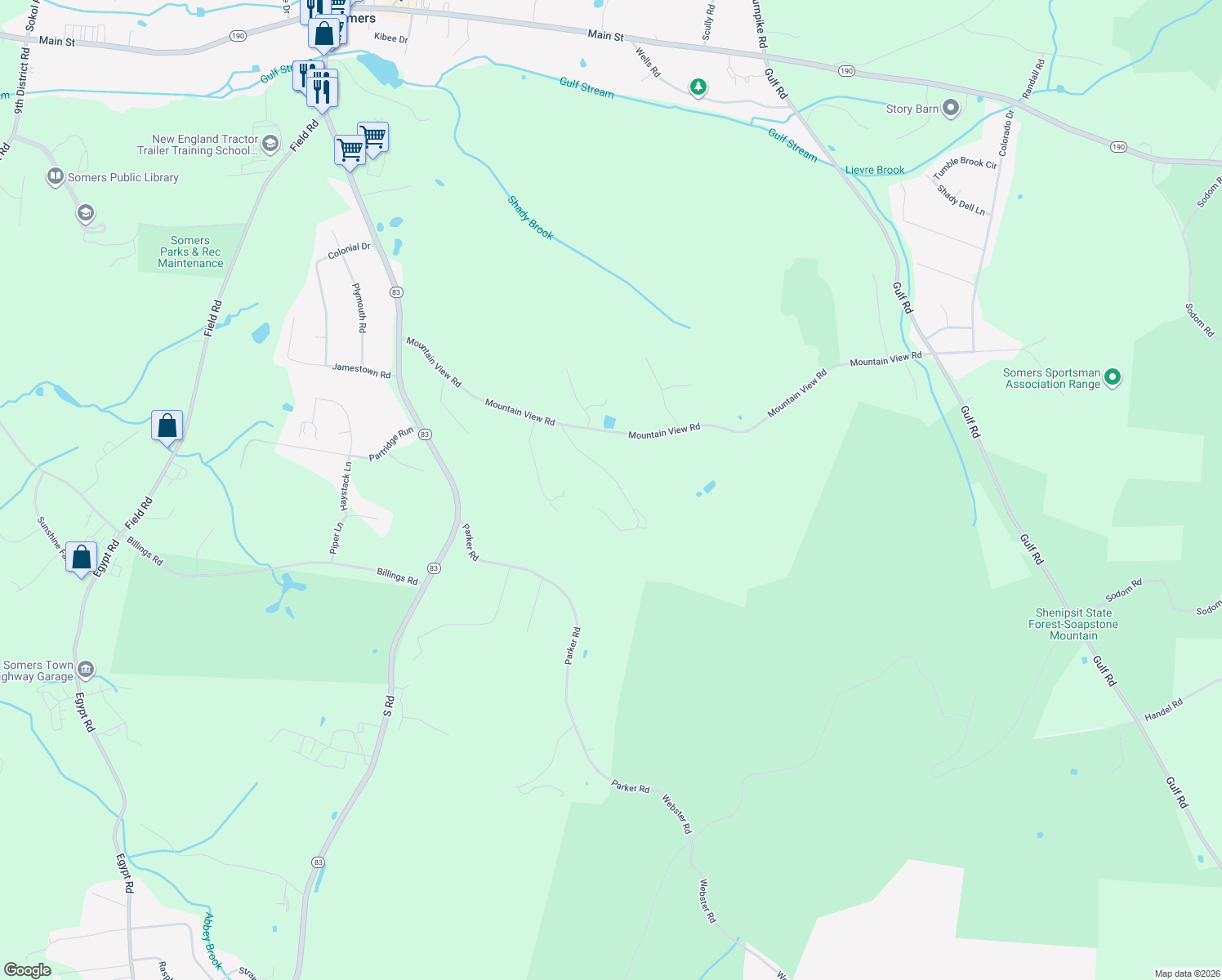 map of restaurants, bars, coffee shops, grocery stores, and more near 110 Mountain View Road in Somers