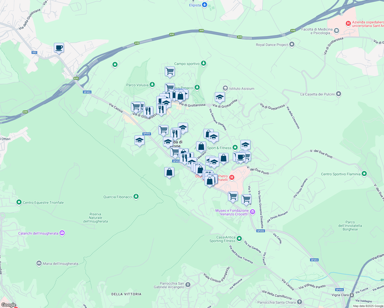 map of restaurants, bars, coffee shops, grocery stores, and more near 33 Via Capena in Roma