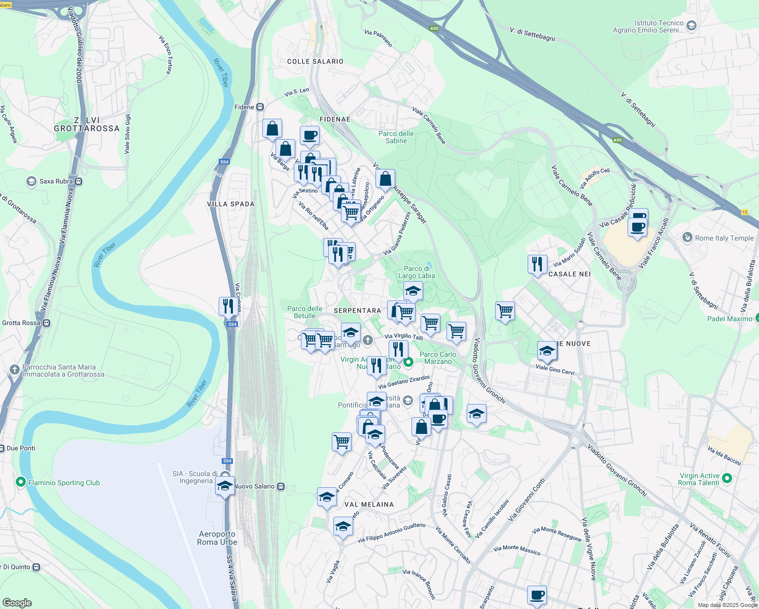 map of restaurants, bars, coffee shops, grocery stores, and more near 9 Via Amerigo Guasti in Roma