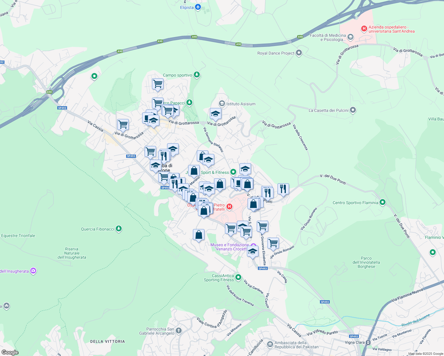 map of restaurants, bars, coffee shops, grocery stores, and more near 45 Via Montasola in Roma