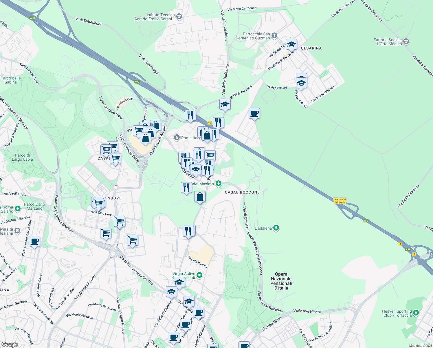map of restaurants, bars, coffee shops, grocery stores, and more near 10 Via Carlo Bernari in Roma