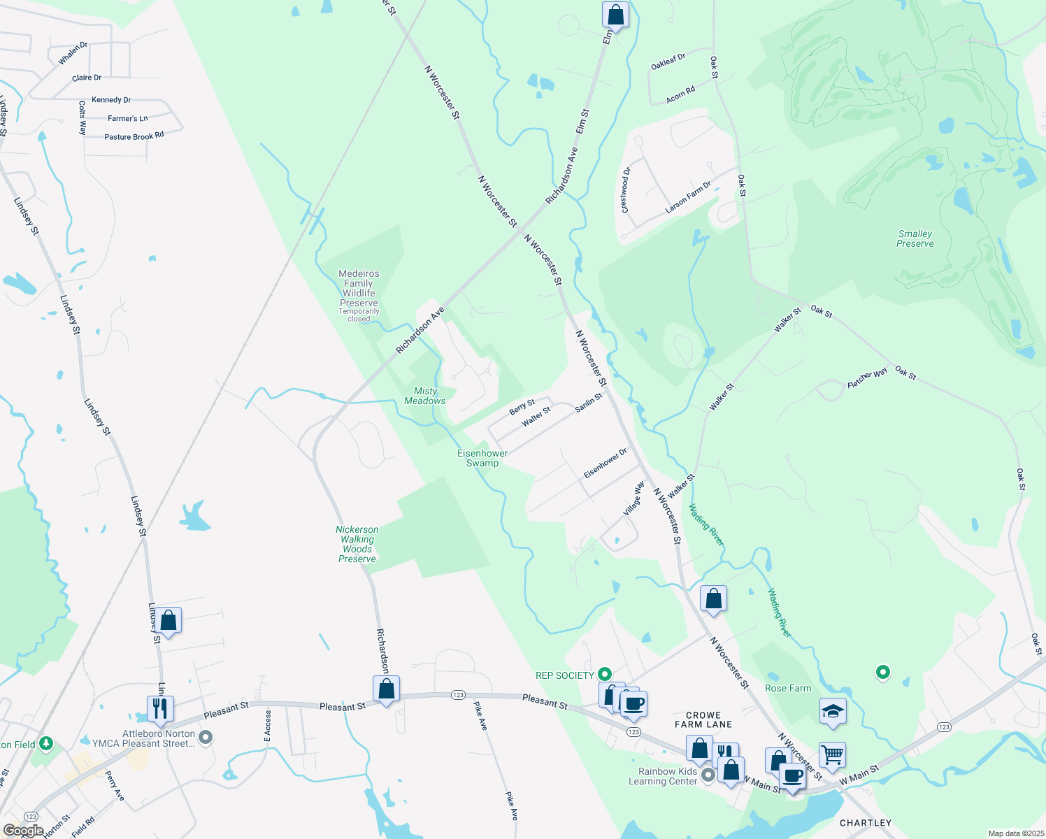 map of restaurants, bars, coffee shops, grocery stores, and more near 7 Walter Street in Norton