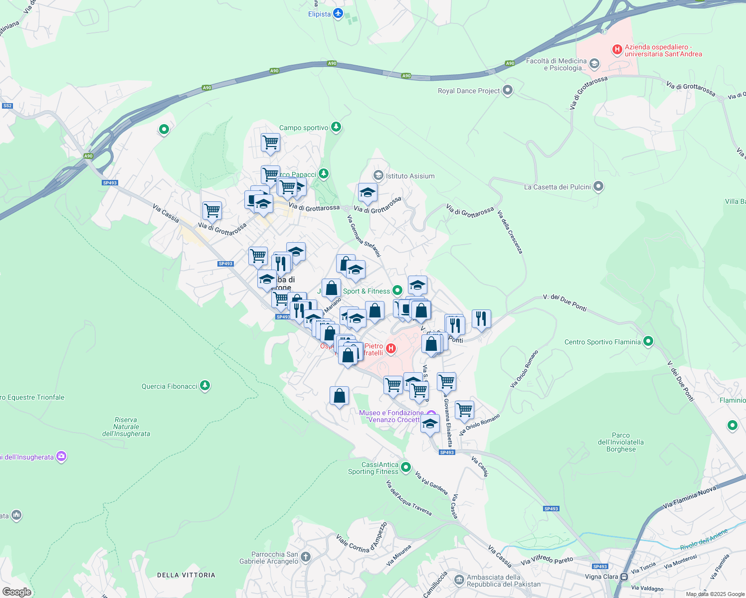 map of restaurants, bars, coffee shops, grocery stores, and more near 45 Via Montasola in Roma