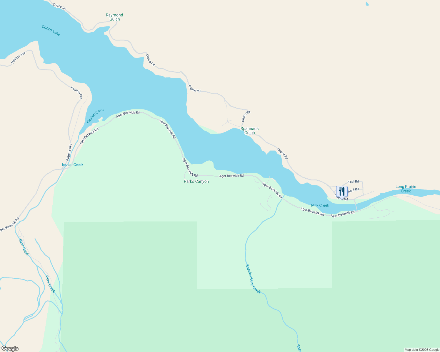 map of restaurants, bars, coffee shops, grocery stores, and more near 20416 Ager Beswick Road in Montague