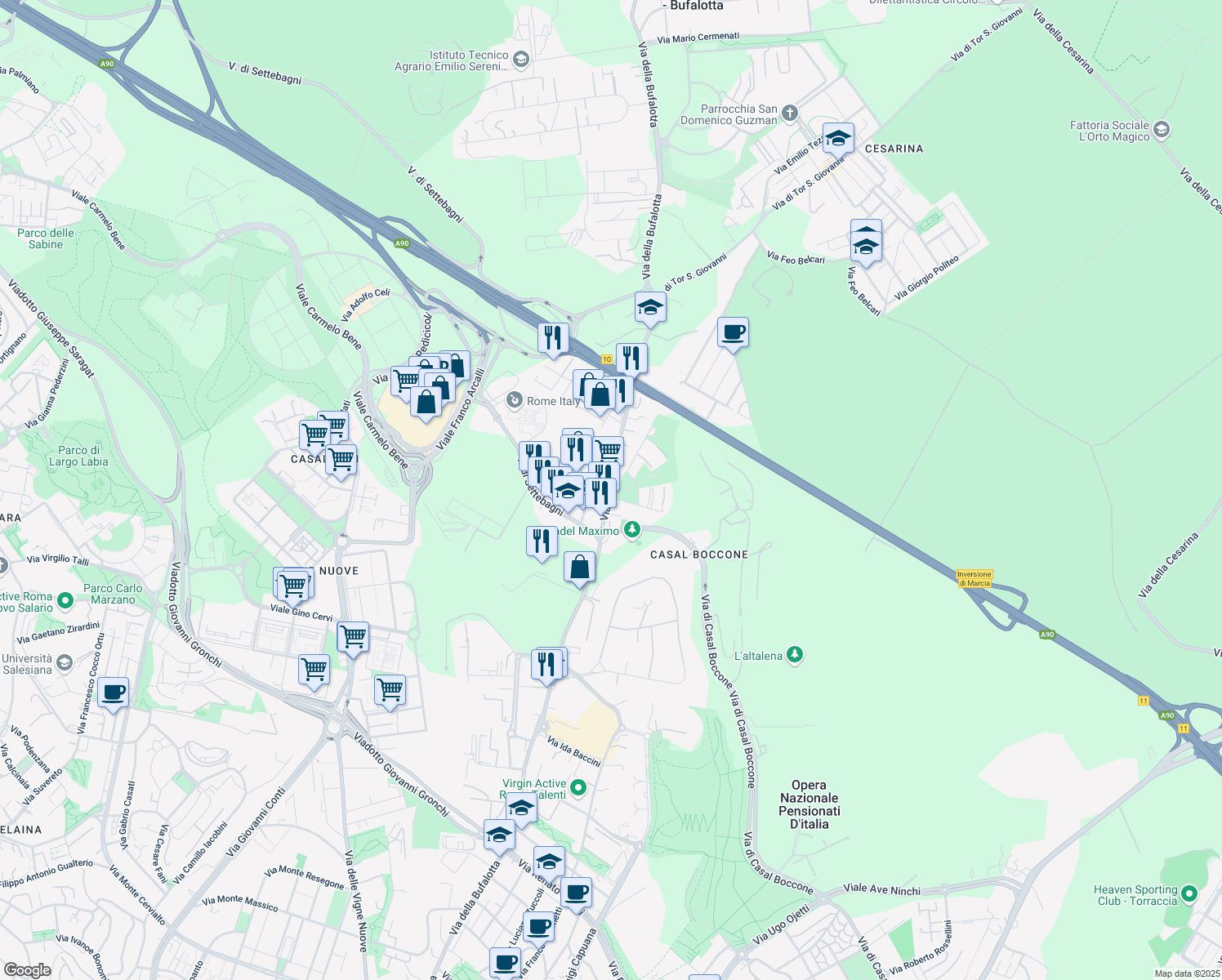 map of restaurants, bars, coffee shops, grocery stores, and more near 10 Via Carlo Bernari in Roma