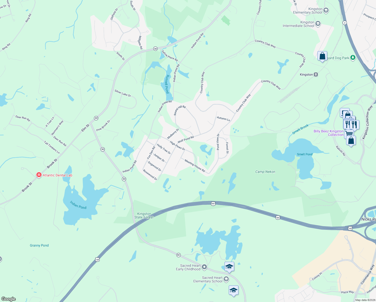 map of restaurants, bars, coffee shops, grocery stores, and more near 95 High Pines Drive in Kingston