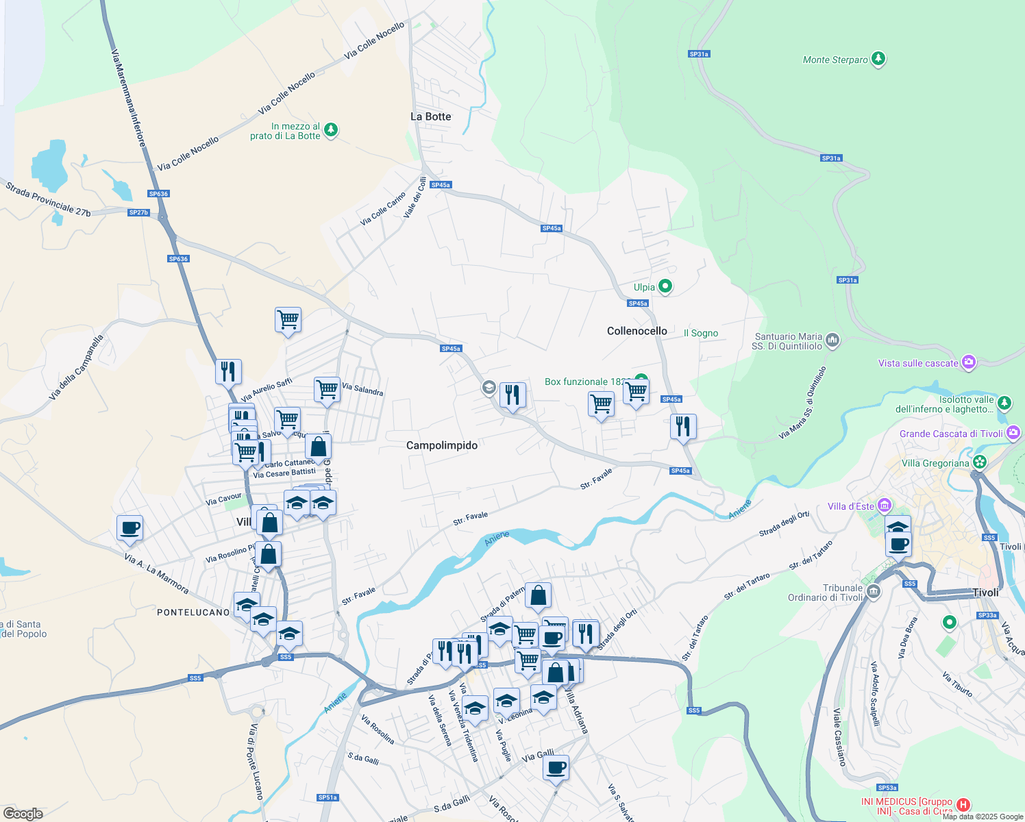 map of restaurants, bars, coffee shops, grocery stores, and more near 38 Via Camillo Pierattini in Campo Limpido-Favale