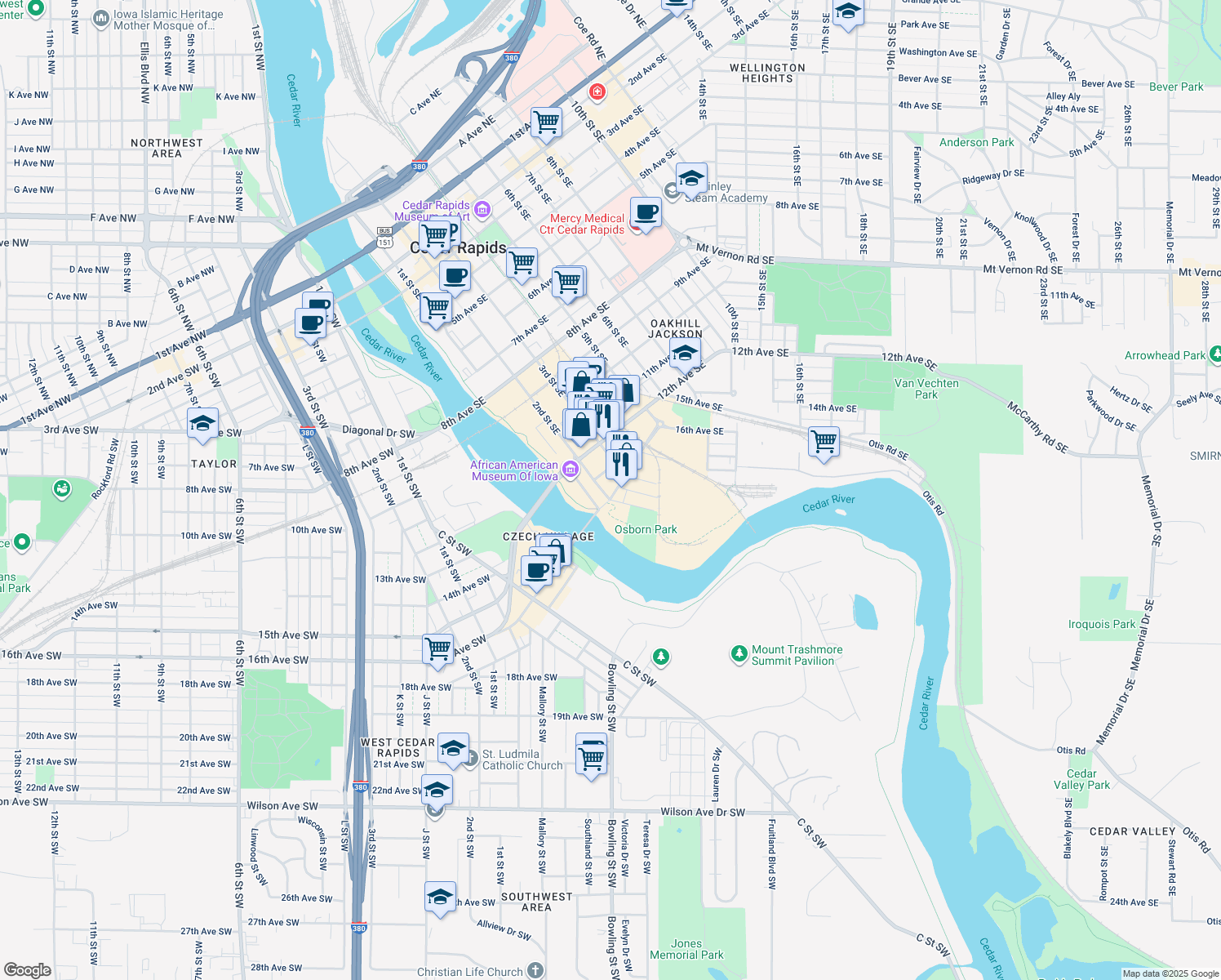 map of restaurants, bars, coffee shops, grocery stores, and more near 1318 2nd Street Southeast in Cedar Rapids