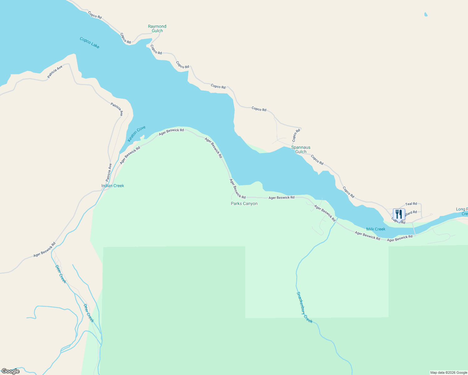 map of restaurants, bars, coffee shops, grocery stores, and more near 19227-20099 Ager Beswick Road in Montague