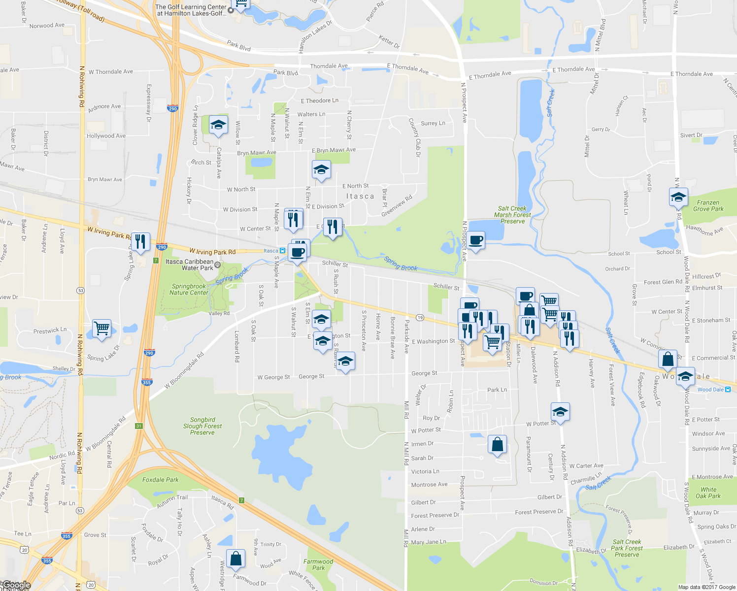map of restaurants, bars, coffee shops, grocery stores, and more near 253 South Princeton Avenue in Itasca