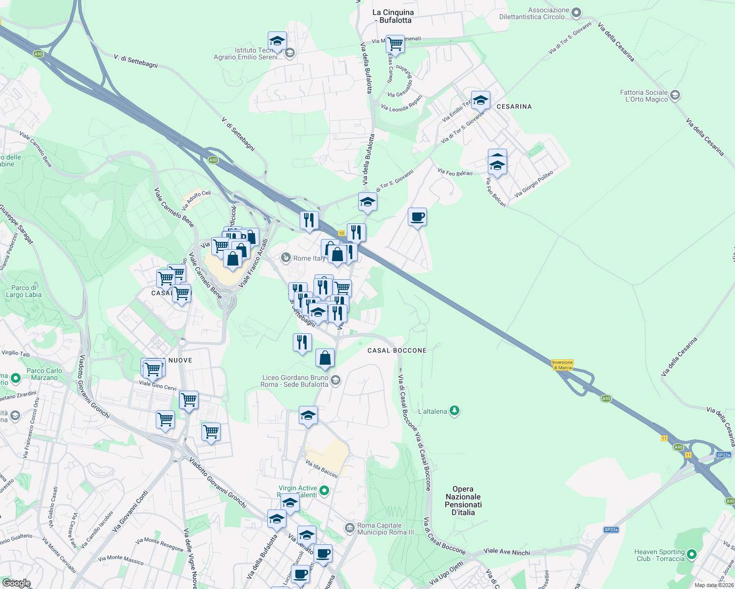 map of restaurants, bars, coffee shops, grocery stores, and more near 44 Via Guglielmo Petroni in La Cinquina - Bufalotta