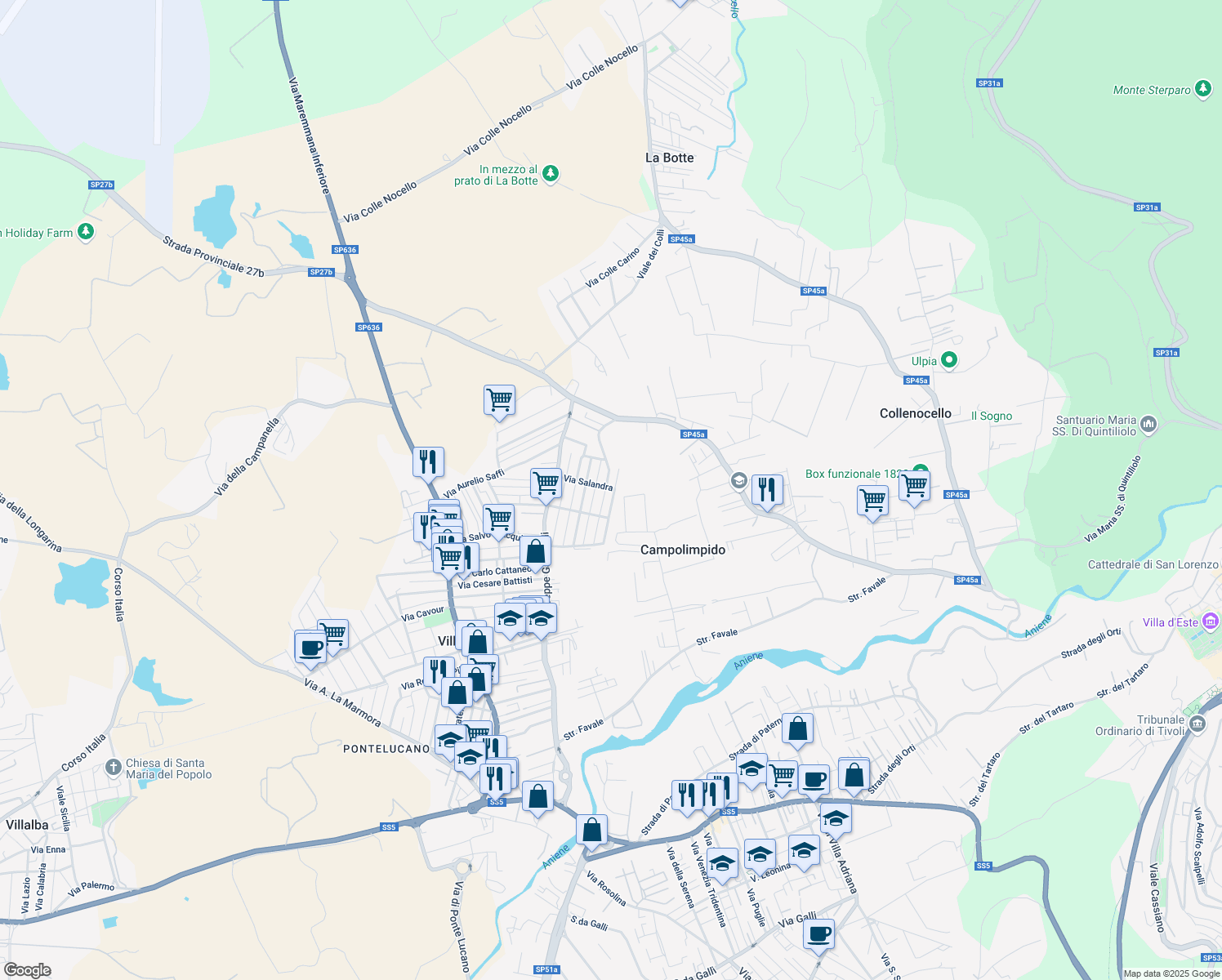 map of restaurants, bars, coffee shops, grocery stores, and more near Via Pietro Micca in Villanova