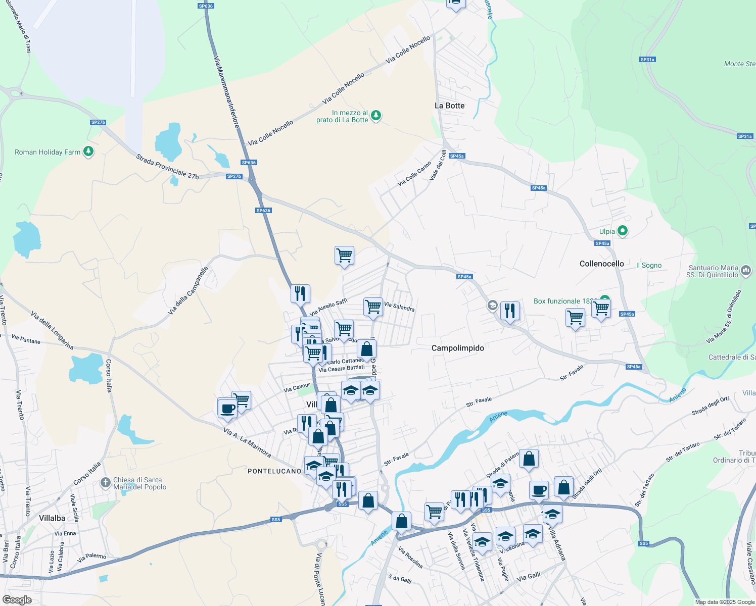 map of restaurants, bars, coffee shops, grocery stores, and more near 63 Via Giovanni Battista Rossi in Villanova