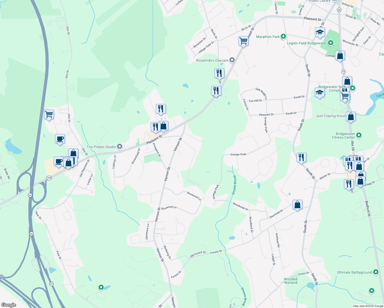 map of restaurants, bars, coffee shops, grocery stores, and more near 111 Norlen Park in Bridgewater