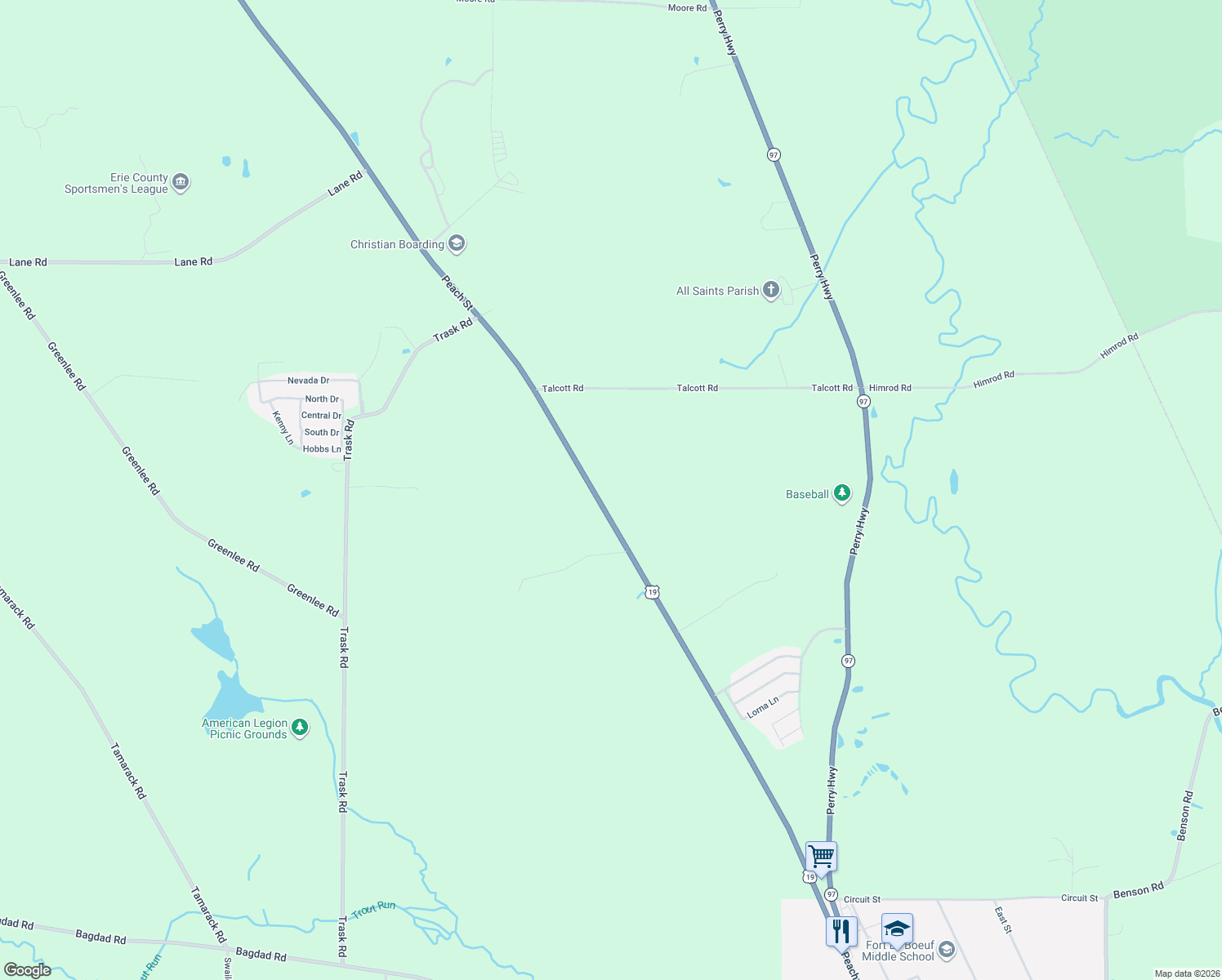 map of restaurants, bars, coffee shops, grocery stores, and more near 11441 Rte 19 N in Waterford