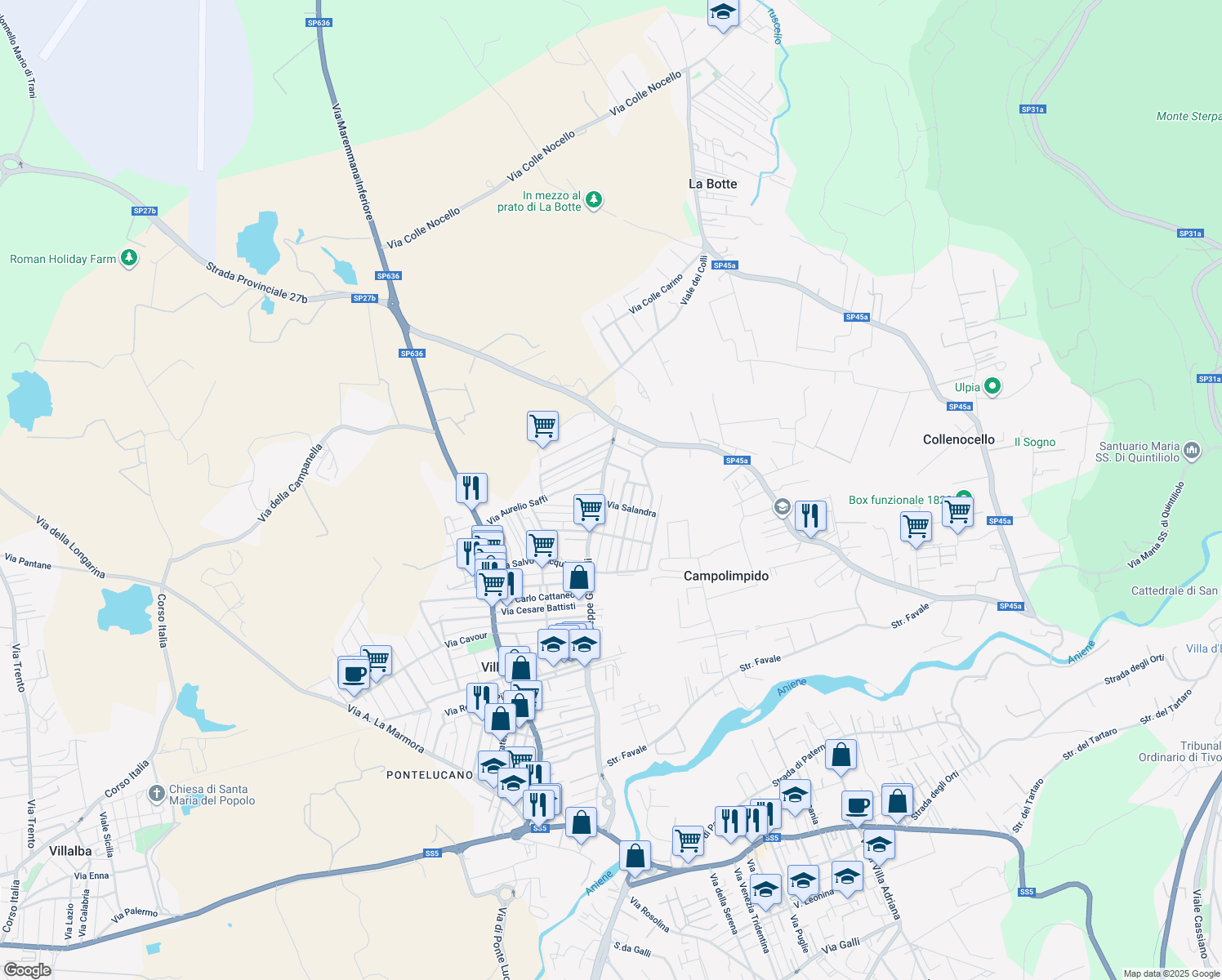 map of restaurants, bars, coffee shops, grocery stores, and more near 63 Via G. B. Rossi in Villanova