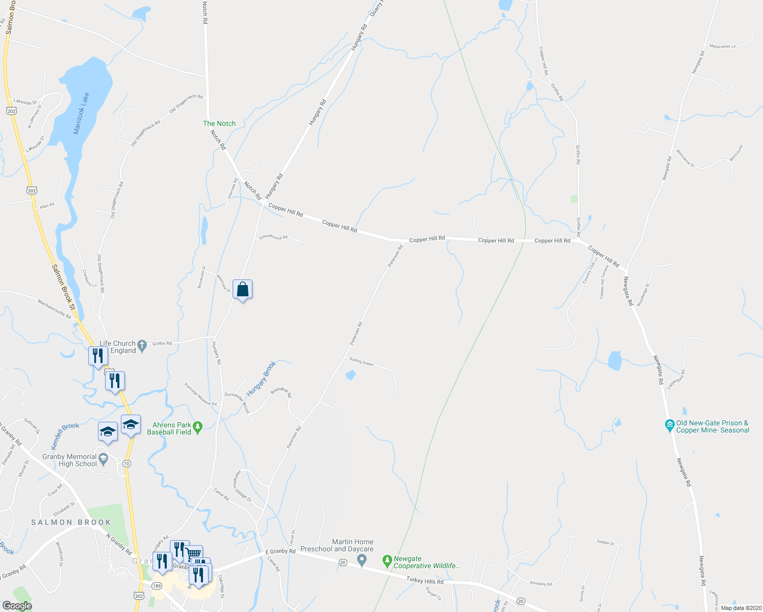 map of restaurants, bars, coffee shops, grocery stores, and more near 118 Petersen Road in Granby