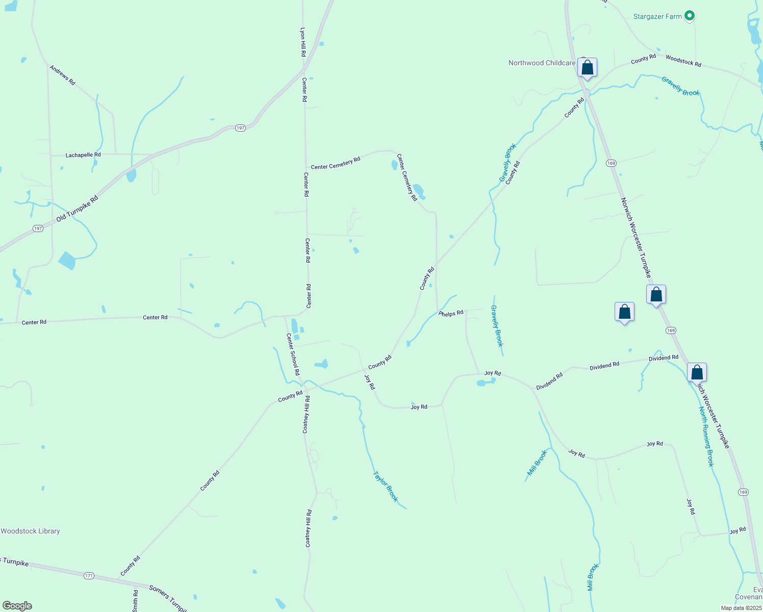 map of restaurants, bars, coffee shops, grocery stores, and more near 340 County Road in Woodstock