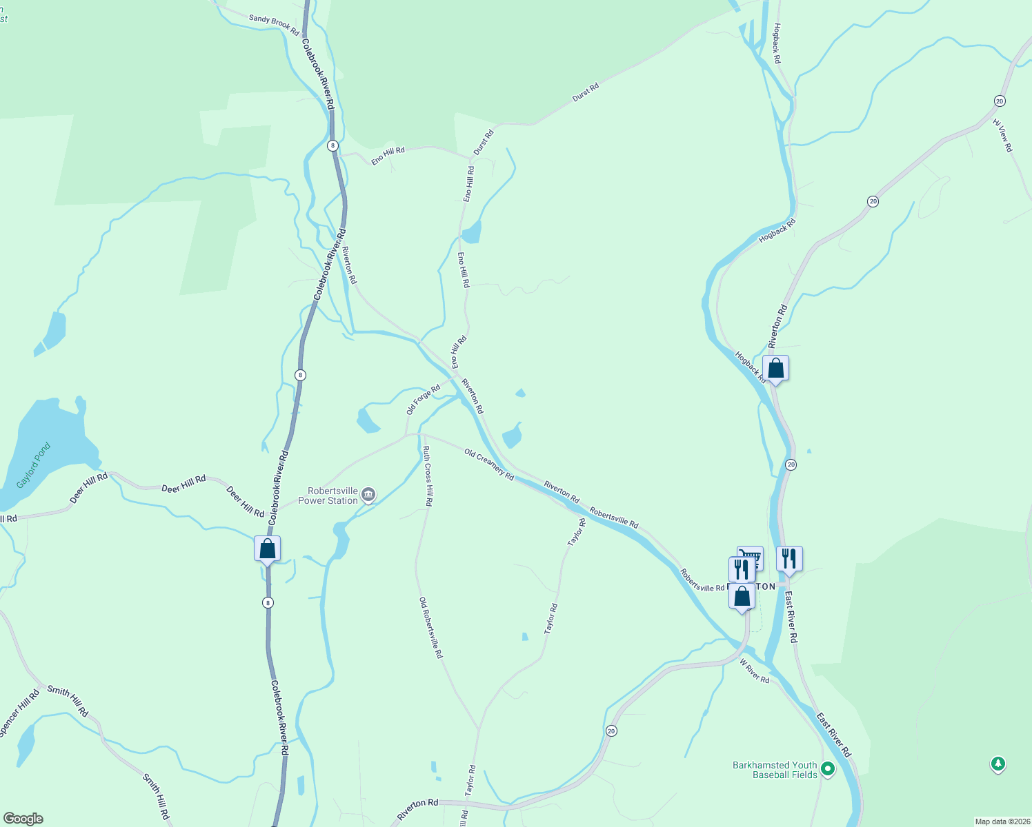 map of restaurants, bars, coffee shops, grocery stores, and more near 31 Old Creamery Road in Winsted
