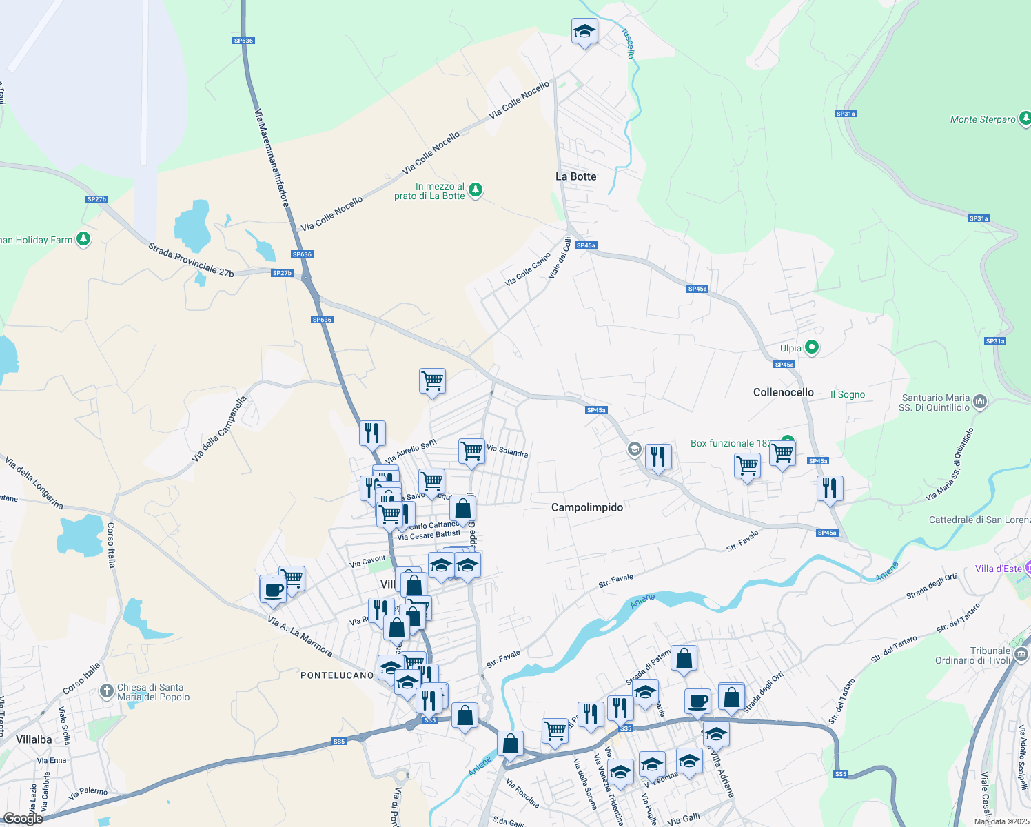 map of restaurants, bars, coffee shops, grocery stores, and more near 15 Via Giuseppe Garibaldi in Villanova