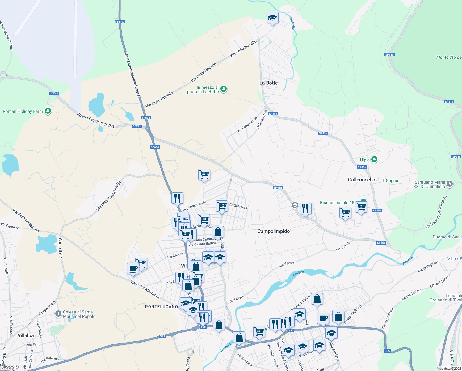 map of restaurants, bars, coffee shops, grocery stores, and more near 23 Via Giuseppe Garibaldi in Villanova