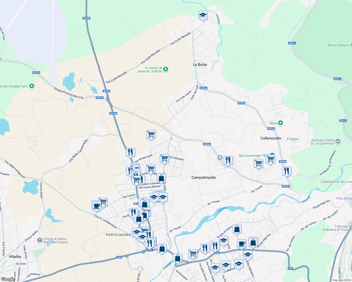 map of restaurants, bars, coffee shops, grocery stores, and more near 15 Via Giuseppe Garibaldi in Villanova