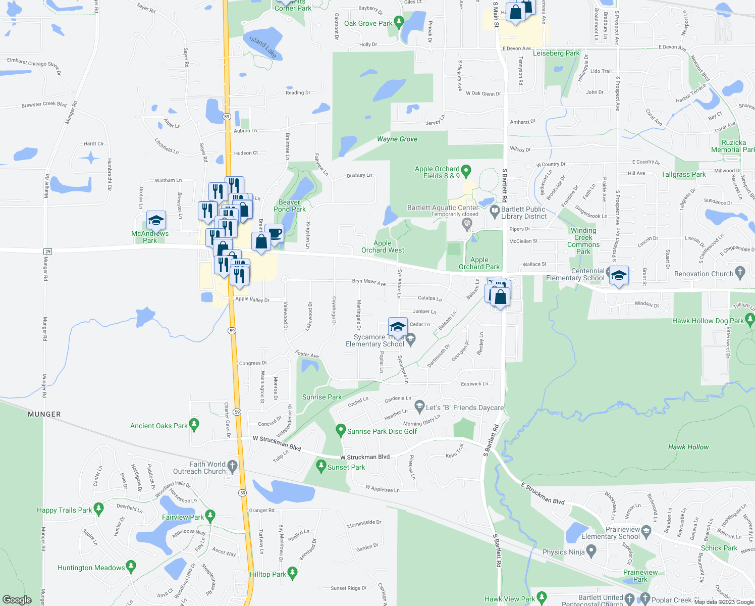 map of restaurants, bars, coffee shops, grocery stores, and more near 779 Willow Court in Bartlett