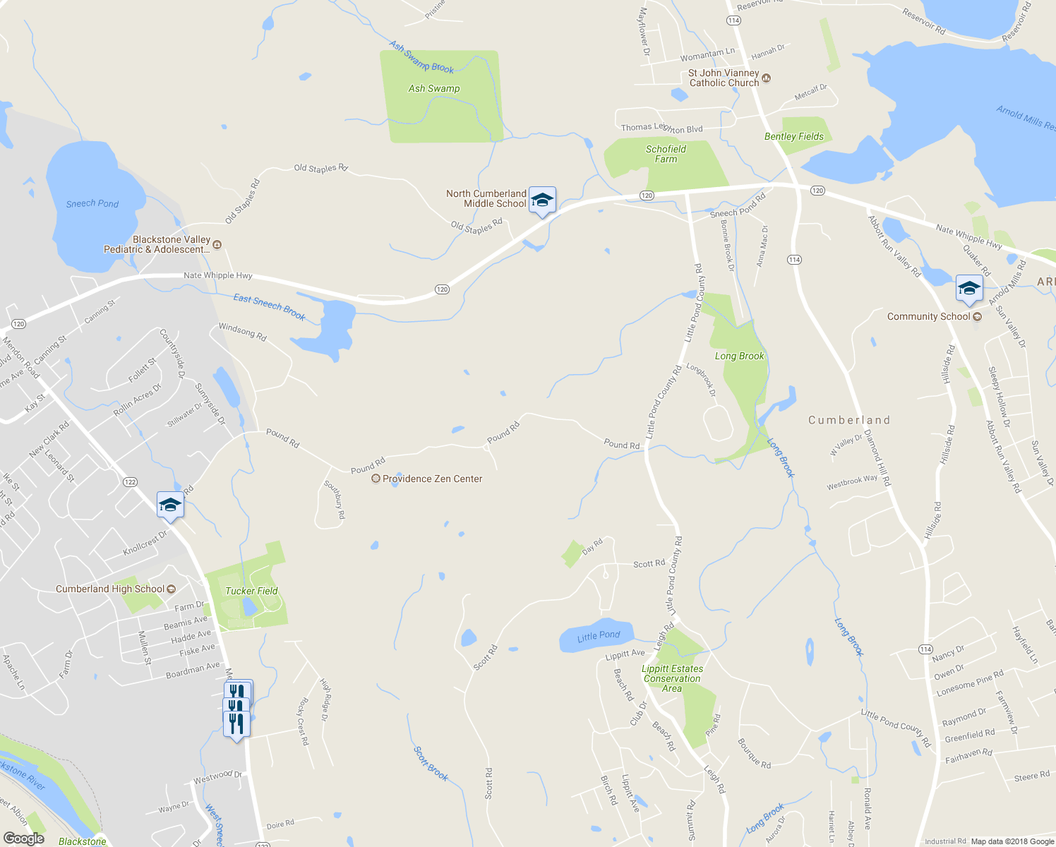 map of restaurants, bars, coffee shops, grocery stores, and more near 175 Pound Road in Cumberland