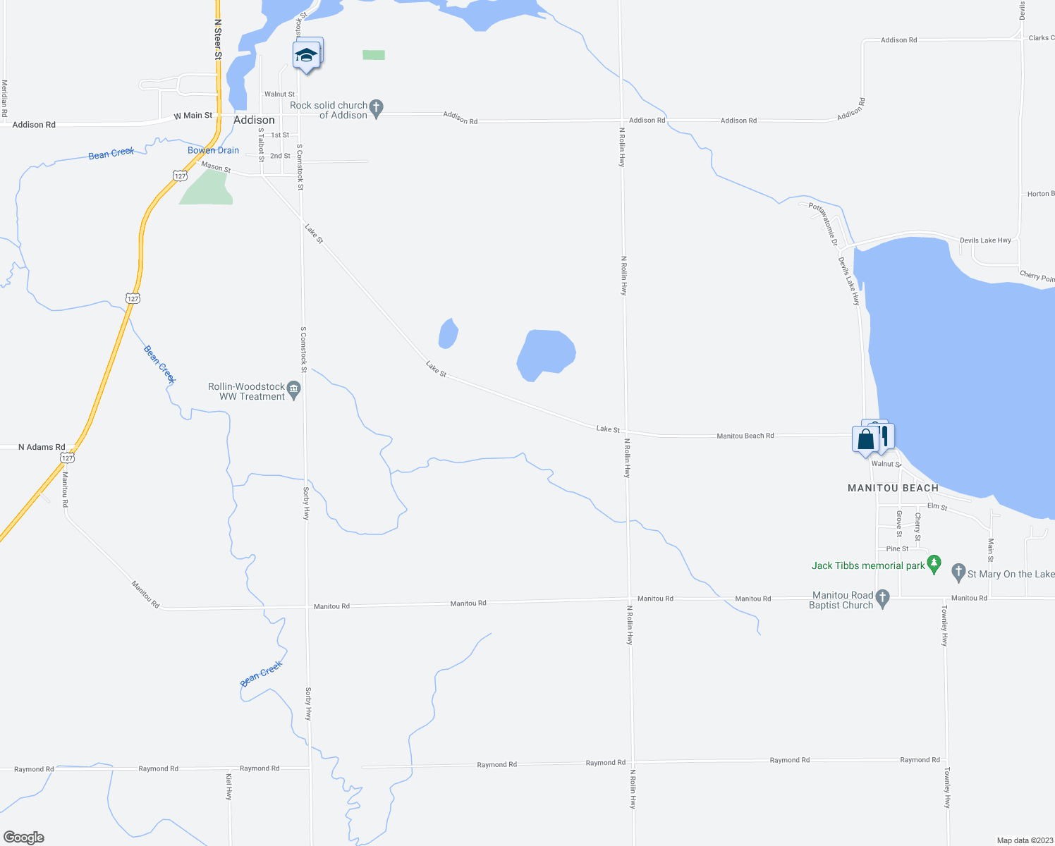 map of restaurants, bars, coffee shops, grocery stores, and more near 17345 Manitou Beach Road in Addison