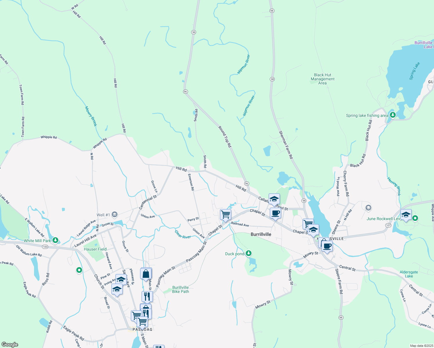 map of restaurants, bars, coffee shops, grocery stores, and more near 161 Hill Rd in Burrillville