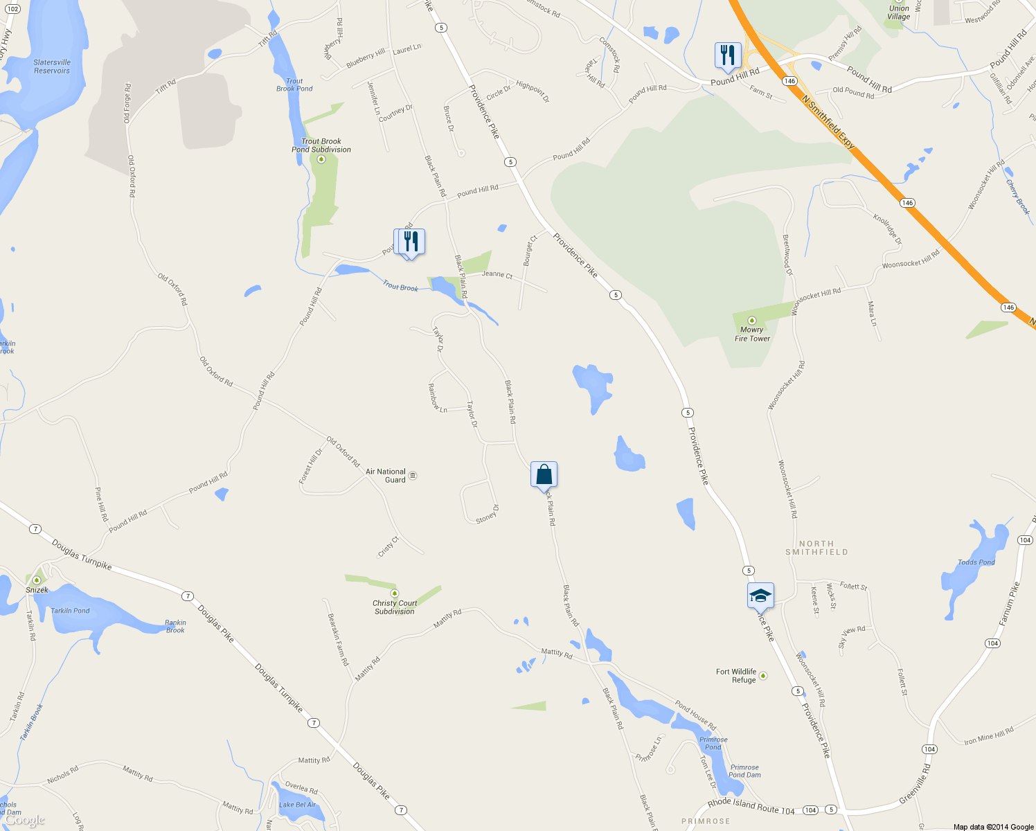 map of restaurants, bars, coffee shops, grocery stores, and more near 612 Black Plain Road in North Smithfield