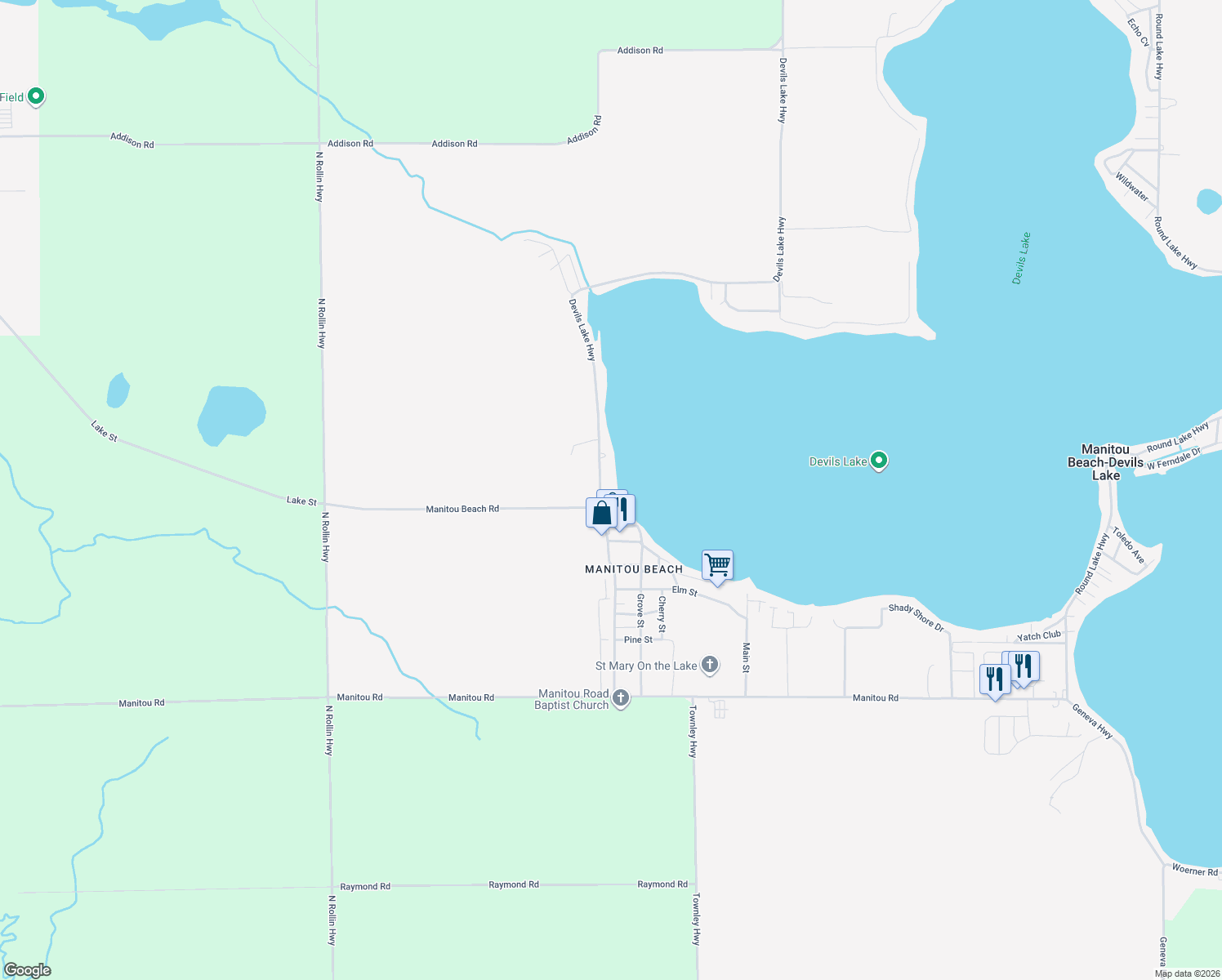 map of restaurants, bars, coffee shops, grocery stores, and more near 10140 Devils Lake Highway in Manitou Beach-Devils Lake