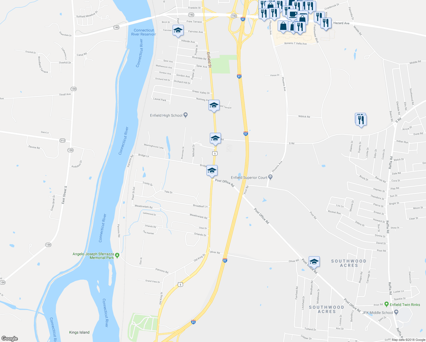 map of restaurants, bars, coffee shops, grocery stores, and more near 1356 Enfield Street in Enfield
