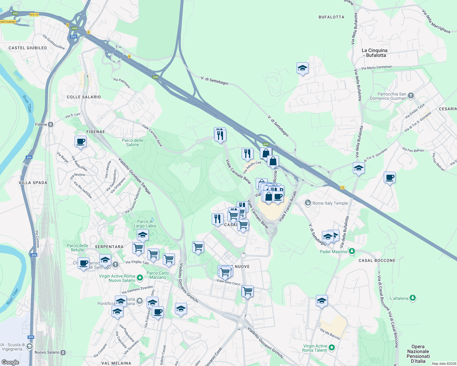 map of restaurants, bars, coffee shops, grocery stores, and more near 46 Via Stefano Madia in Città metropolitana di Roma Capitale