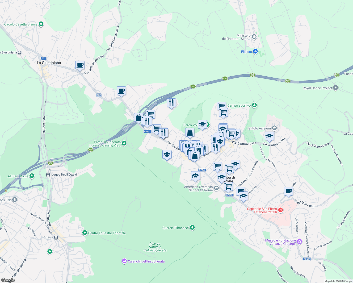 map of restaurants, bars, coffee shops, grocery stores, and more near 964 Via Cassia in Roma
