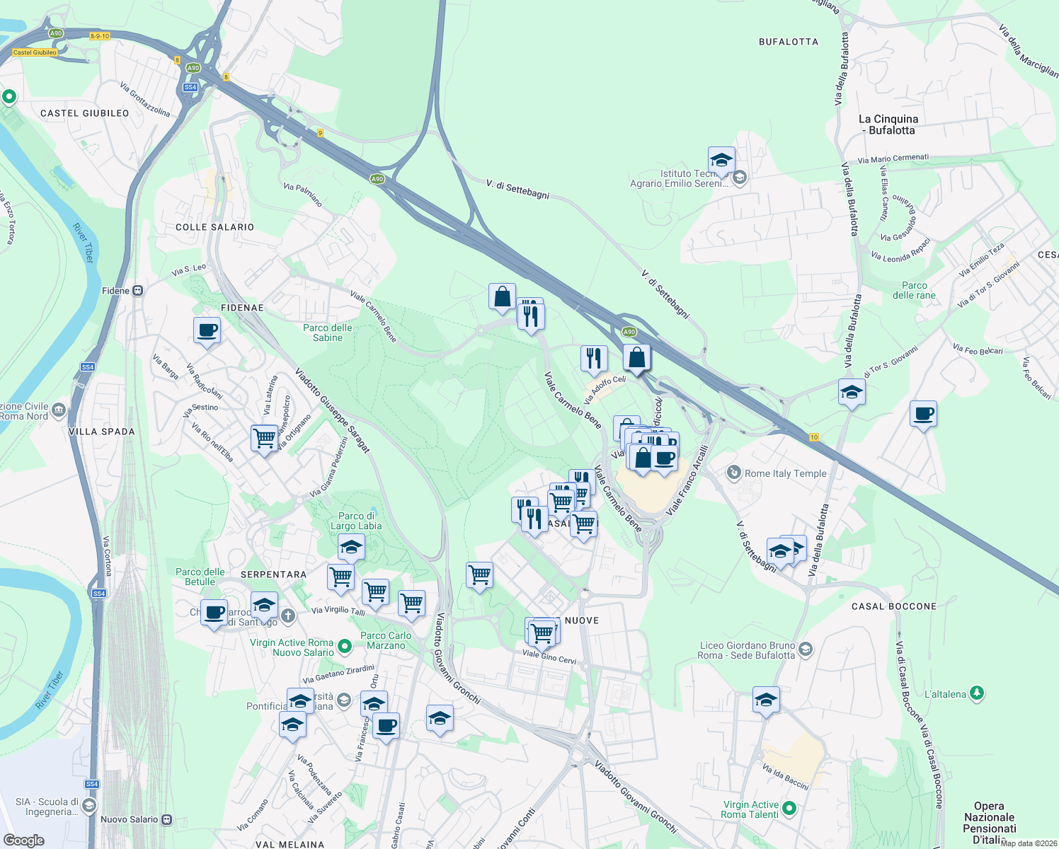 map of restaurants, bars, coffee shops, grocery stores, and more near Via Mario Castellani in Città Metropolitana di Roma